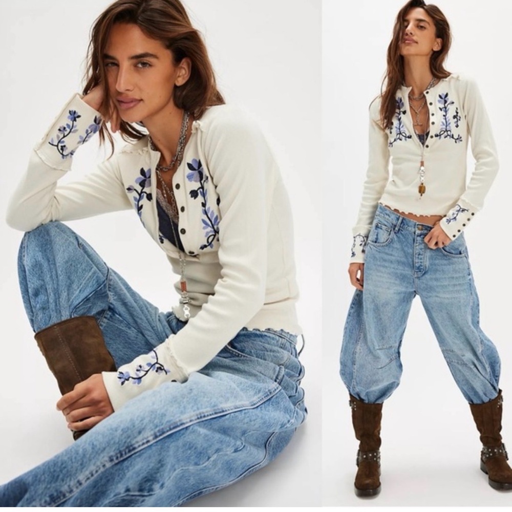Free People Fleur Embroidered Cuff Henley - Picture 2 of 11